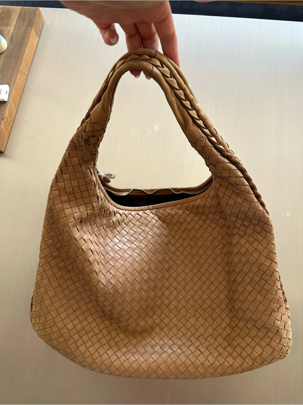 Bottega Veneta Intrecciato Hobo Bag Tan